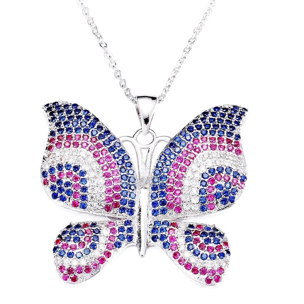 Rhodium Plated Butterfly Necklace with Pink Blue and Clear CZ Stones By Matashi Image 2