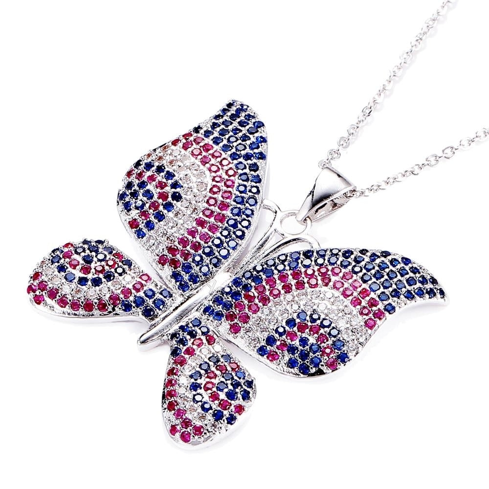 Rhodium Plated Butterfly Necklace with Pink Blue and Clear CZ Stones By Matashi Image 3