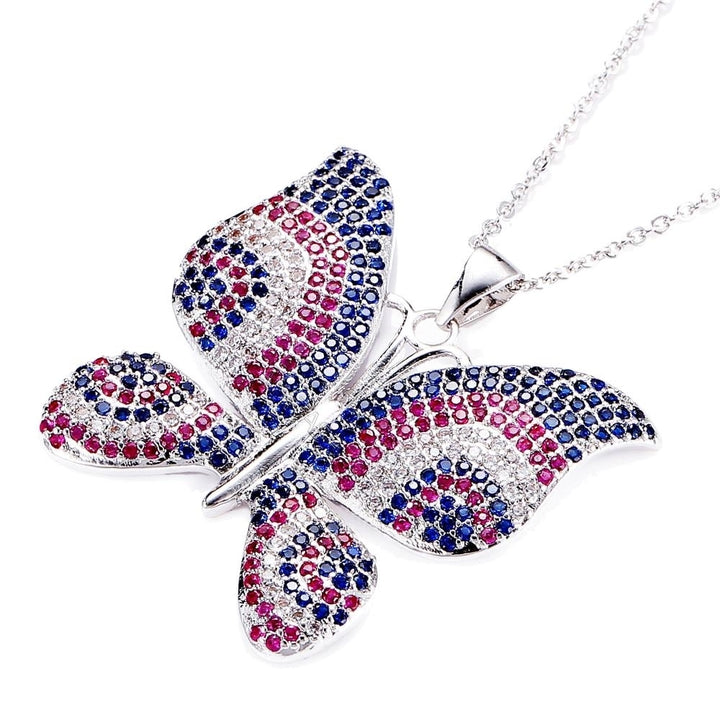 Rhodium Plated Butterfly Necklace with Pink Blue and Clear CZ Stones By Matashi Image 3