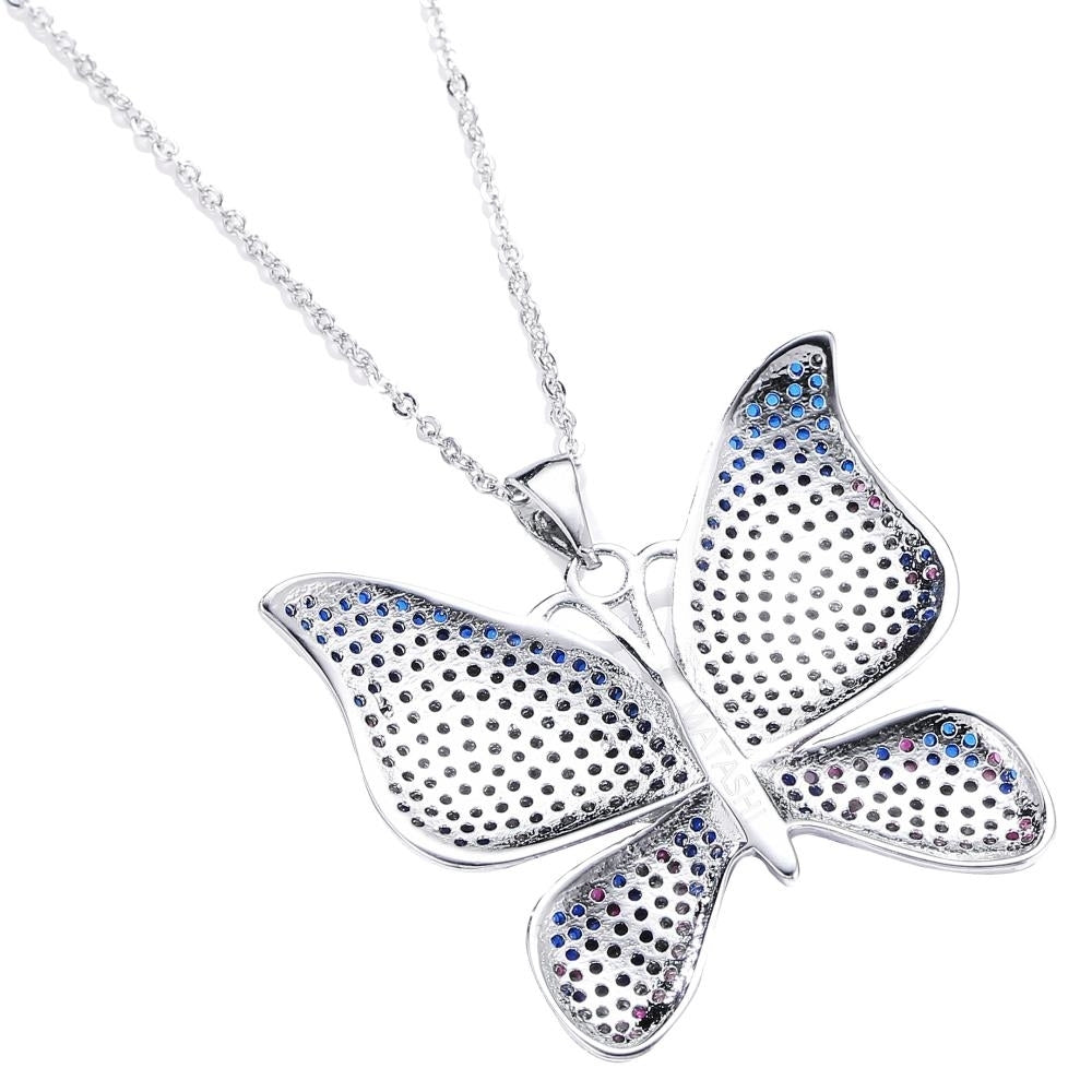 Rhodium Plated Butterfly Necklace with Pink Blue and Clear CZ Stones By Matashi Image 4