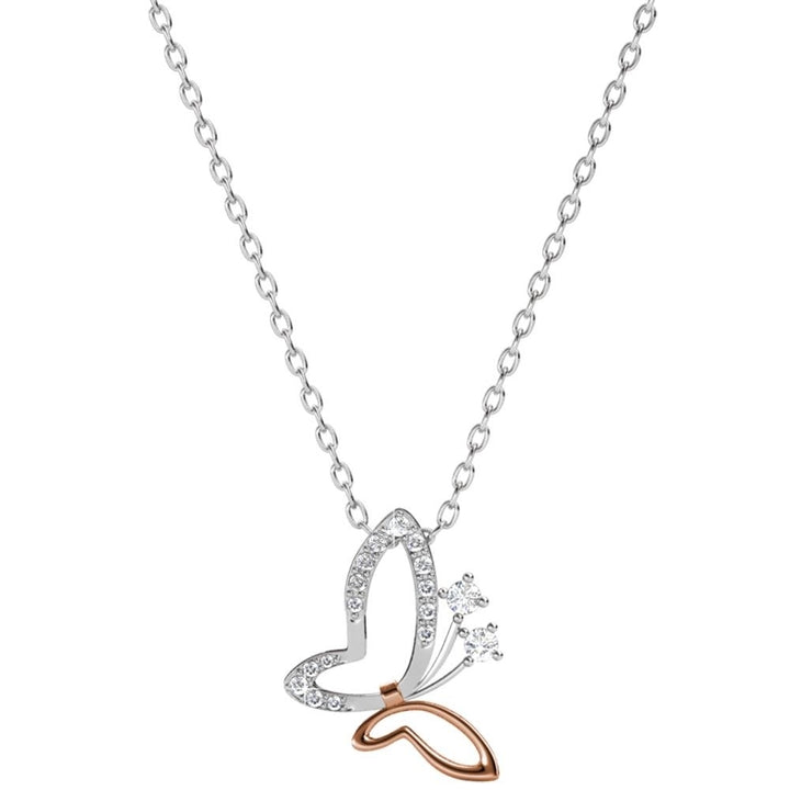 White Gold and Rose Gold Plated Butterfly Pendant Necklace with Clear Crystals By Matashi Image 1