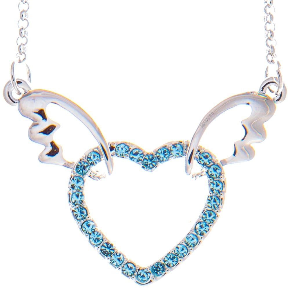 Rhodium Plated Necklace with Winged Heart Design with a 16" Extendable Chain and fine Ocean Blue Crystals by Matashi Image 2