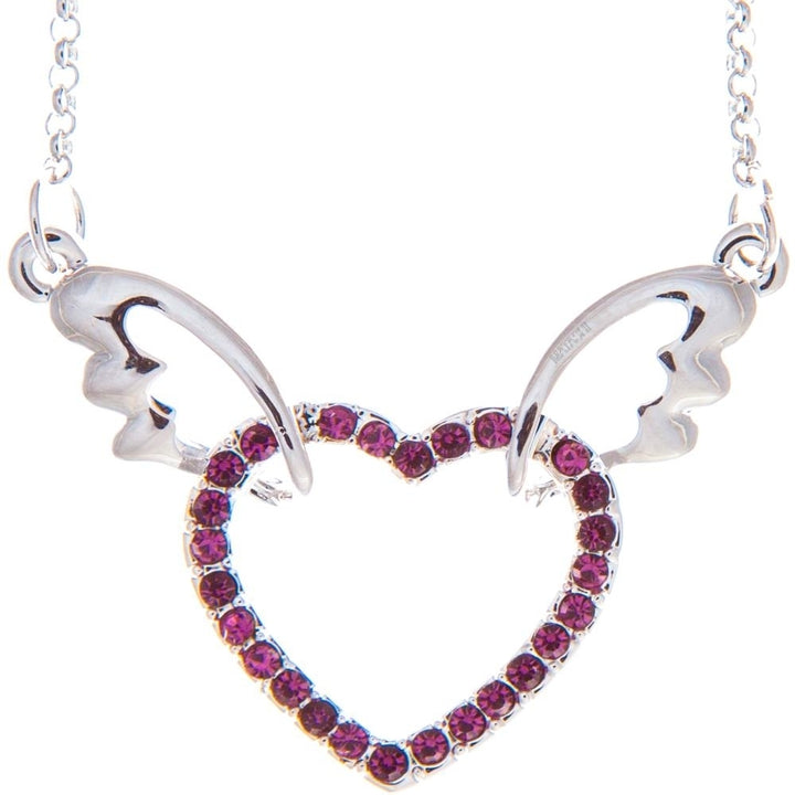 Rhodium Plated Necklace with Winged Heart Design with a 16" Extendable Chain and fine Dark Purple Crystals by Matashi Image 1