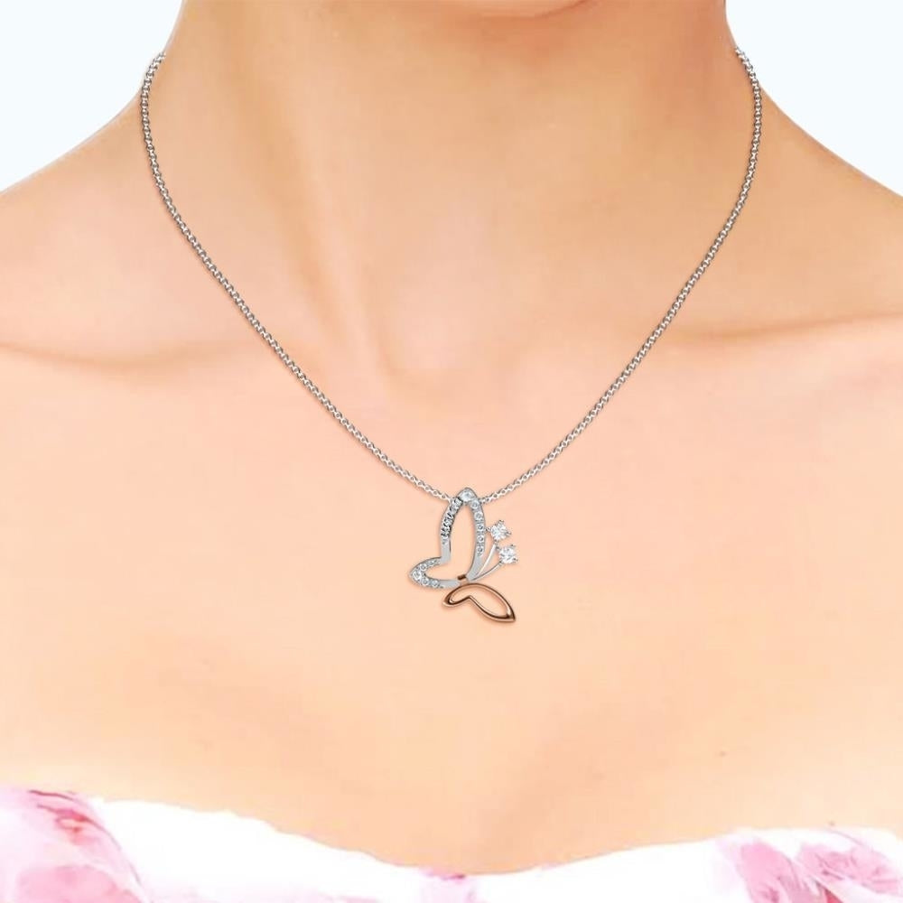 White Gold and Rose Gold Plated Butterfly Pendant Necklace with Clear Crystals By Matashi Image 3