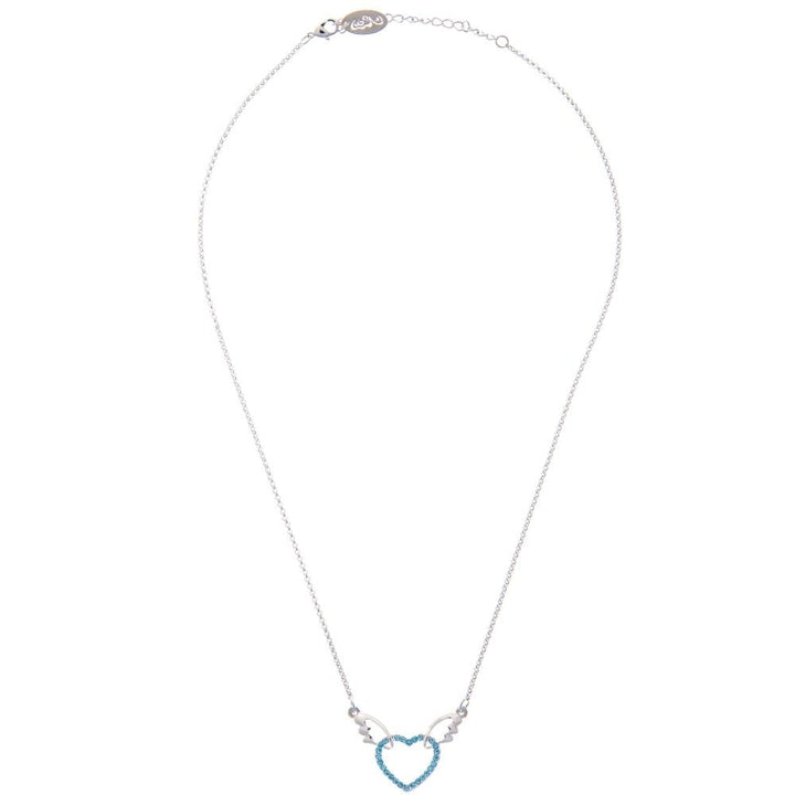 Rhodium Plated Necklace with Winged Heart Design with a 16" Extendable Chain and fine Ocean Blue Crystals by Matashi Image 3