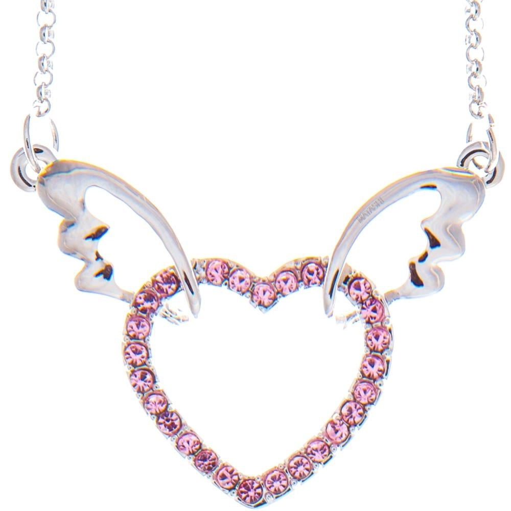 Rhodium Plated Necklace with Winged Heart Design with a 16" Extendable Chain and fine Pink Crystals by Matashi Image 2