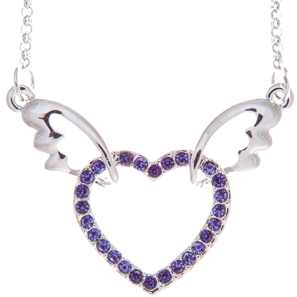 Rhodium Plated Necklace with Winged Heart Design with a 16" Extendable Chain and fine Purple Crystals by Matashi Image 2