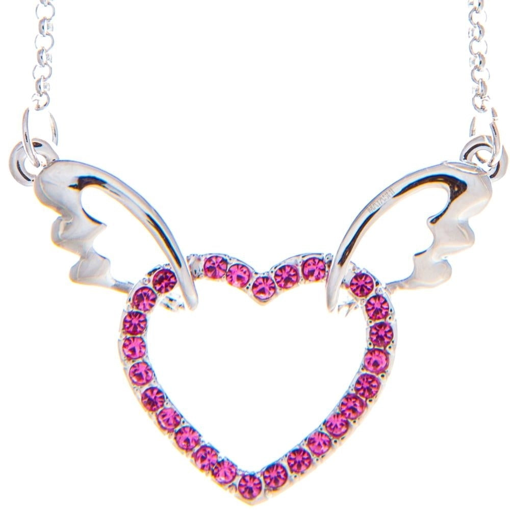 Rhodium Plated Necklace with Winged Heart Design with a 16" Extendable Chain and fine Rose Crystals by Matashi Image 1