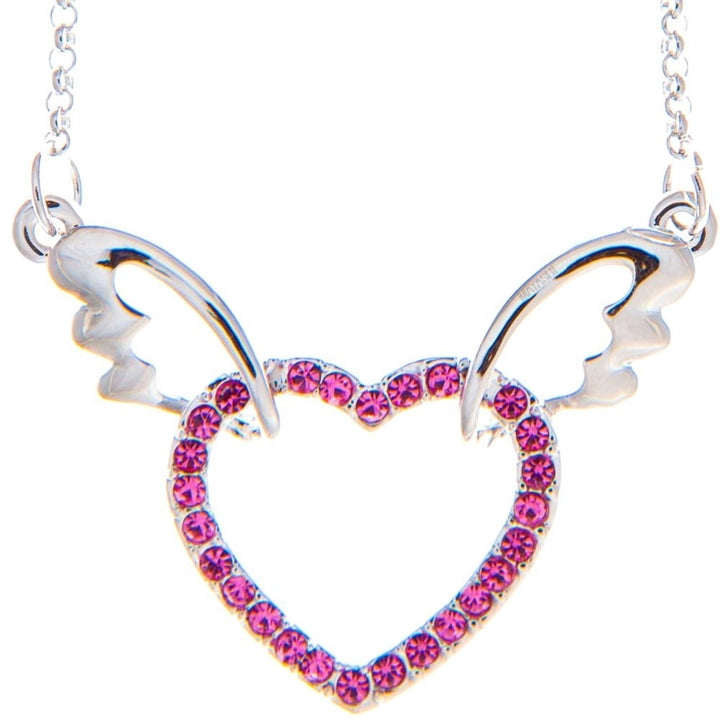 Rhodium Plated Necklace with Winged Heart Design with a 16" Extendable Chain and fine Rose Crystals by Matashi Image 1