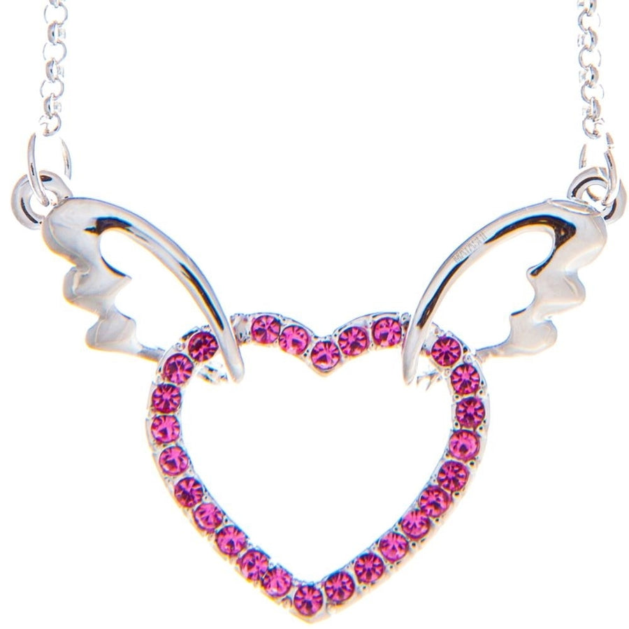 Rhodium Plated Necklace with Winged Heart Design with a 16" Extendable Chain and fine Rose Crystals by Matashi Image 1