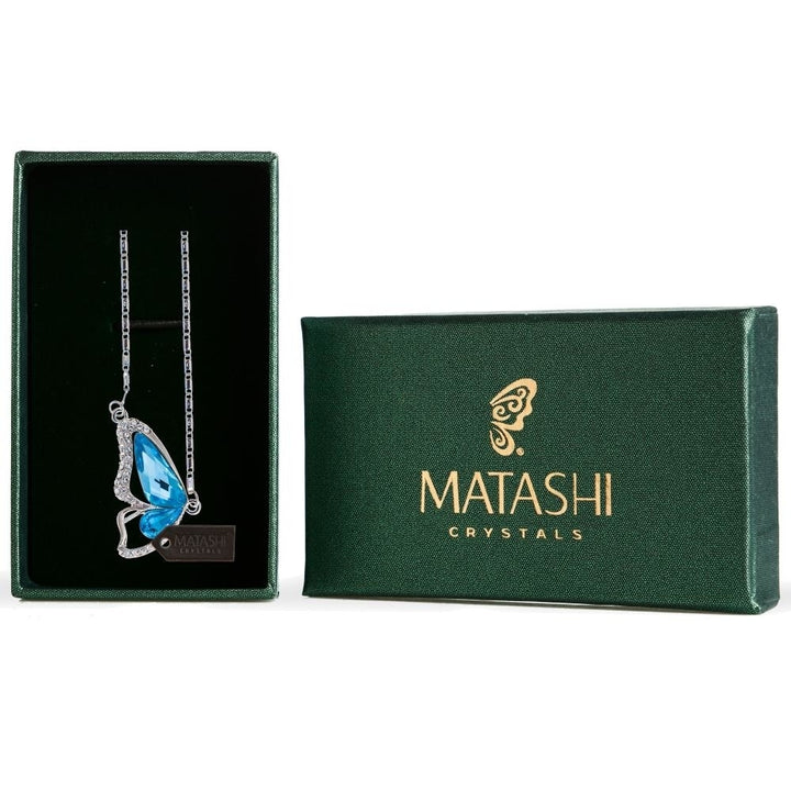 Rhodium Plated Necklace with Butterfly Wing Design with a 16" Extendable Chain and fine Ocean Blue Crystals by Matashi Image 1