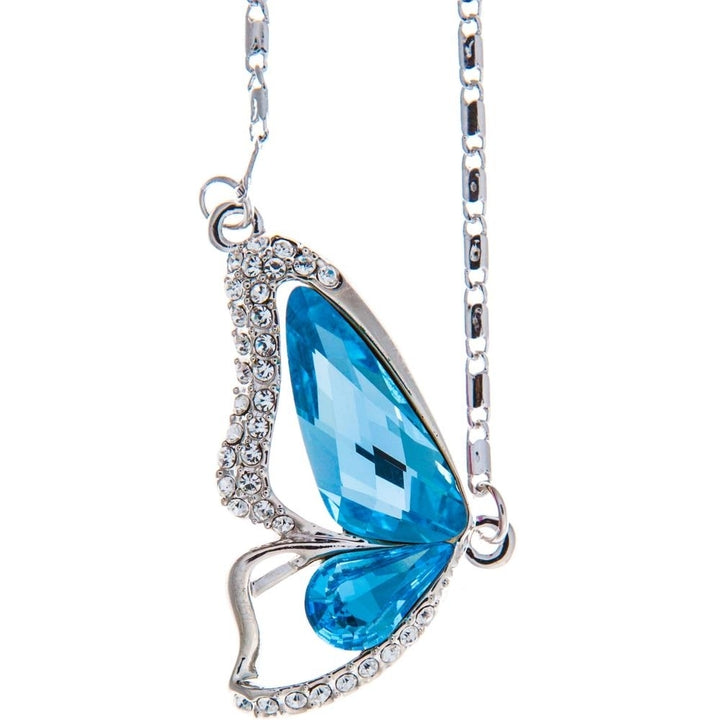 Rhodium Plated Necklace with Butterfly Wing Design with a 16" Extendable Chain and fine Ocean Blue Crystals by Matashi Image 2