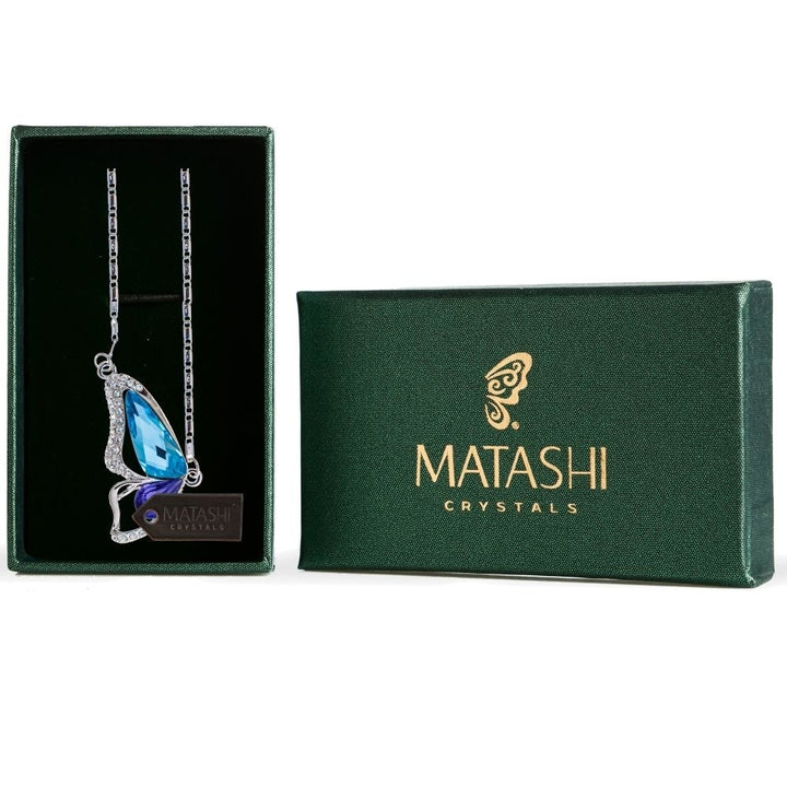 Rhodium Plated Necklace with Butterfly Wing Design with a 16" Extendable Chain and fine Purple and Blue Crystals by Image 1