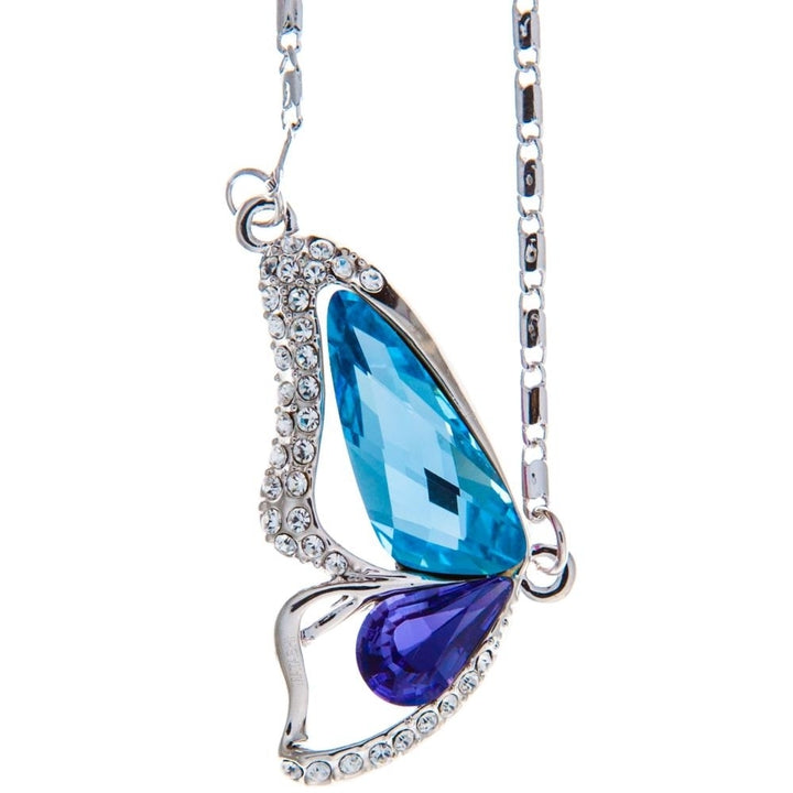 Rhodium Plated Necklace with Butterfly Wing Design with a 16" Extendable Chain and fine Purple and Blue Crystals by Image 2