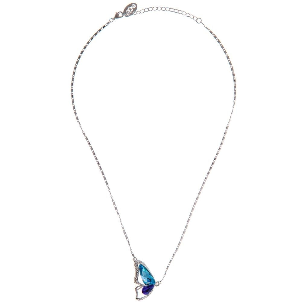 Rhodium Plated Necklace with Butterfly Wing Design with a 16" Extendable Chain and fine Purple and Blue Crystals by Image 3