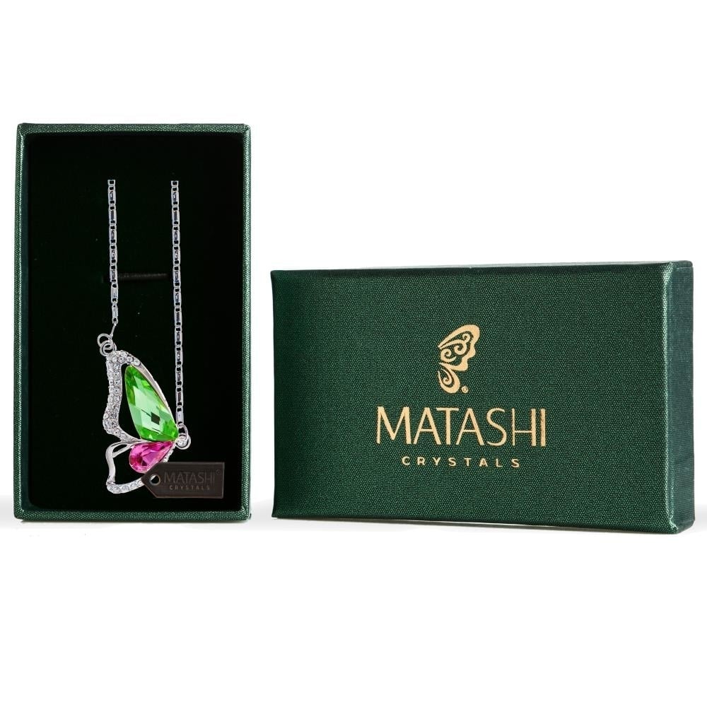 Rhodium Plated Necklace with Butterfly Wing Design with a 16" Extendable Chain and fine Pink and Green Crystals by Image 1