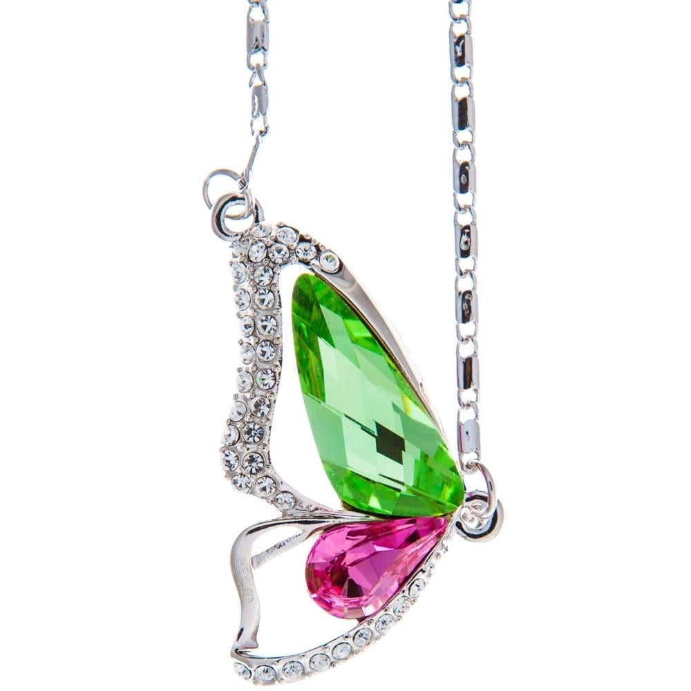 Rhodium Plated Necklace with Butterfly Wing Design with a 16" Extendable Chain and fine Pink and Green Crystals by Image 2