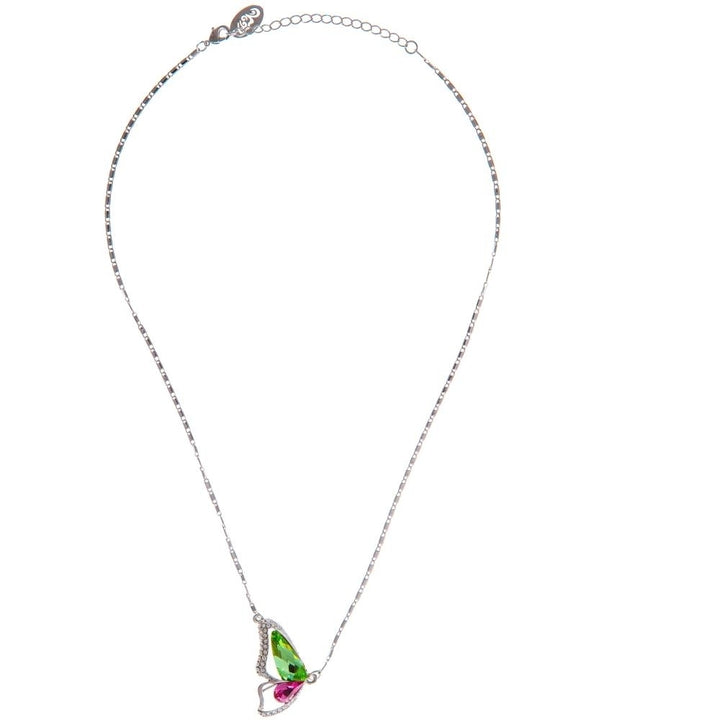 Rhodium Plated Necklace with Butterfly Wing Design with a 16" Extendable Chain and fine Pink and Green Crystals by Image 3