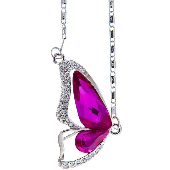 Rhodium Plated Necklace with Butterfly Wing Design with a 16" Extendable Chain and fine Amaranth Colored Crystals by Image 2