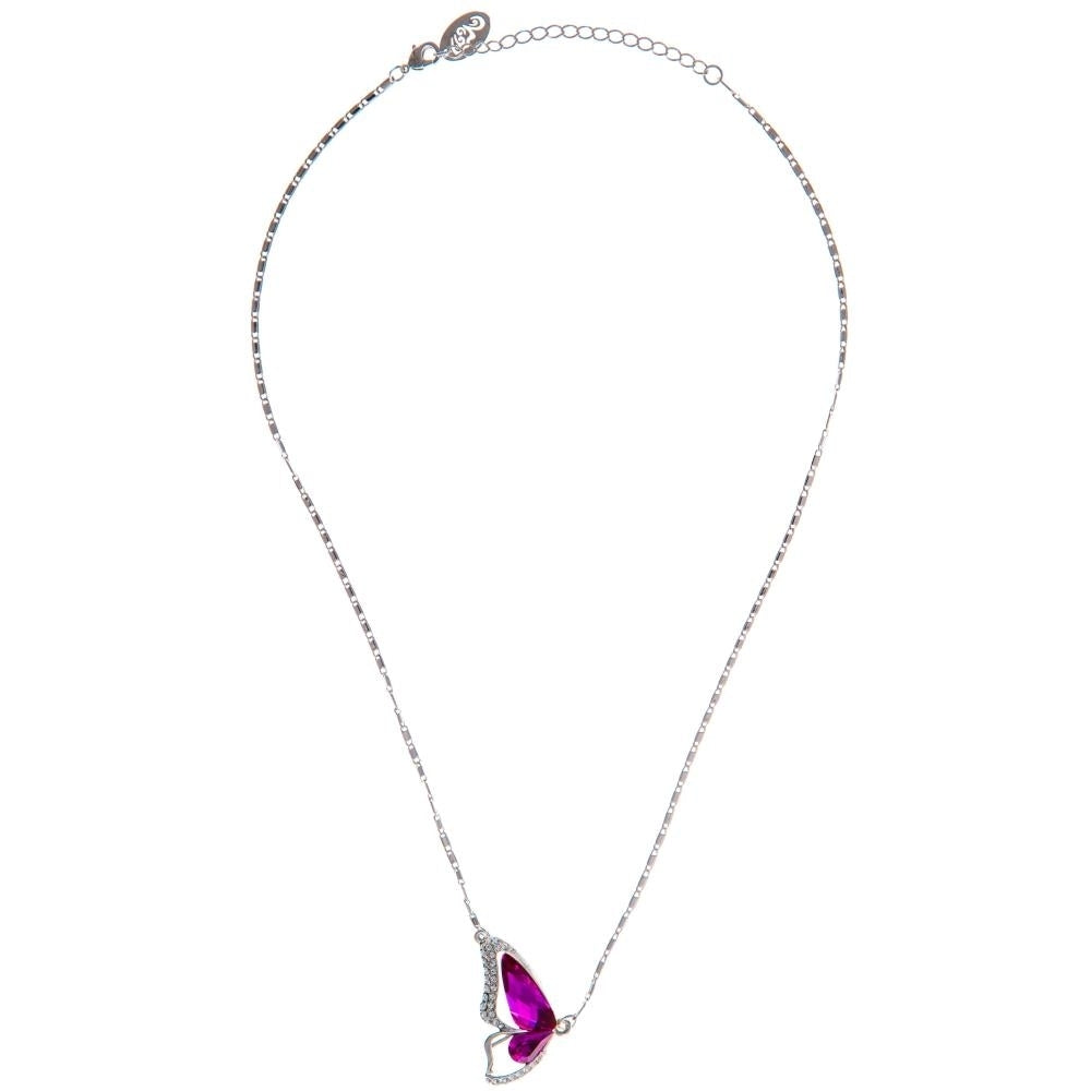 Rhodium Plated Necklace with Butterfly Wing Design with a 16" Extendable Chain and fine Amaranth Colored Crystals by Image 3