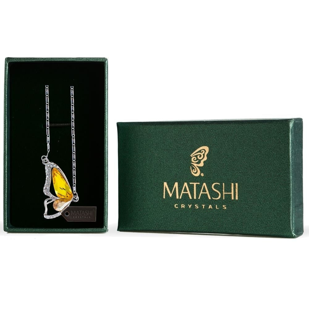 Rhodium Plated Necklace with Butterfly Wing Design with a 16" Extendable Chain and fine Yellow Crystals by Matashi Image 1