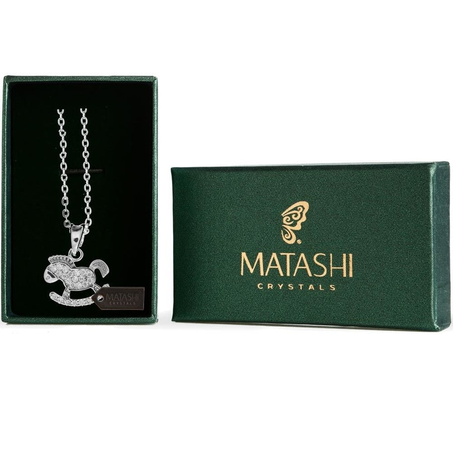 Rhodium Plated Necklace with Rocking Horse Design with a 16" Extendable Chain and fine Clear Crystals by Matashi Image 1