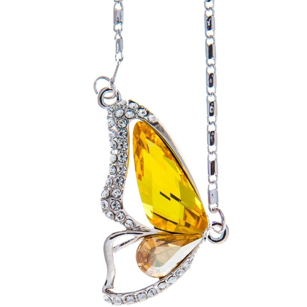 Rhodium Plated Necklace with Butterfly Wing Design with a 16" Extendable Chain and fine Yellow Crystals by Matashi Image 2