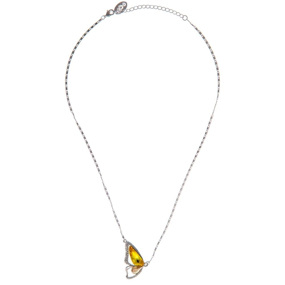 Rhodium Plated Necklace with Butterfly Wing Design with a 16" Extendable Chain and fine Yellow Crystals by Matashi Image 3