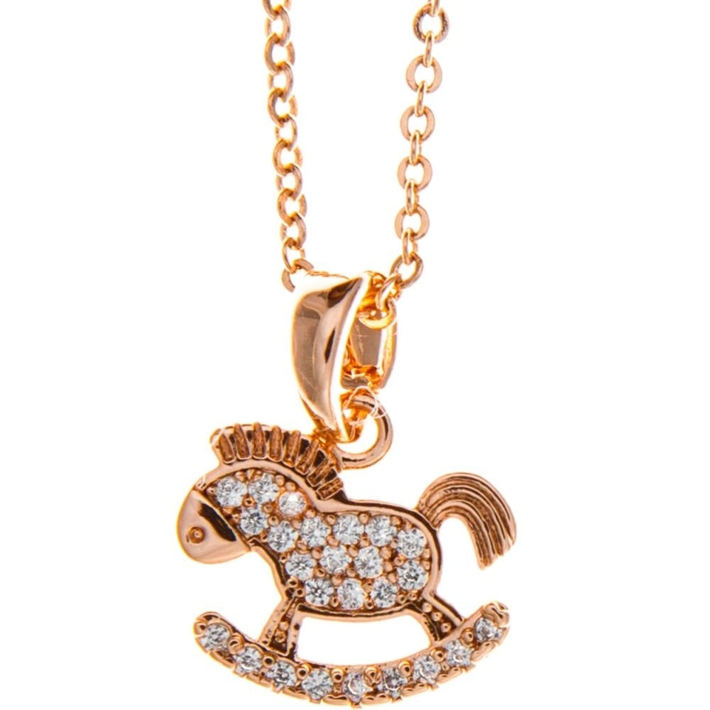 Rose Gold Plated Necklace with Rocking Horse Design with a 16" Extendable Chain and fine Crystals by Matashi Image 2