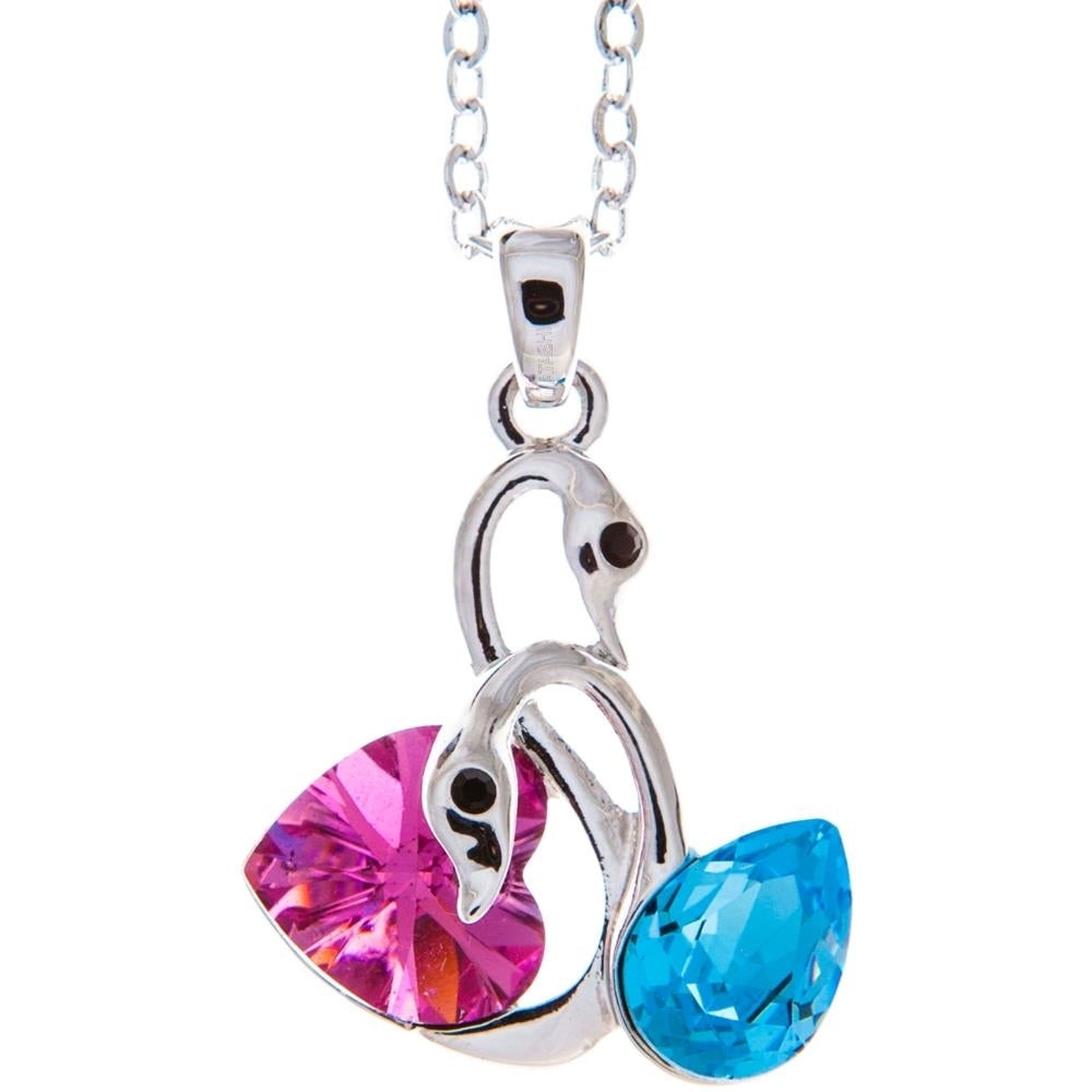 Rhodium Plated Necklace with Loving Swans Design with a 16" Extendable Chain and fine Rose and Ocean Blue Crystals by Image 2