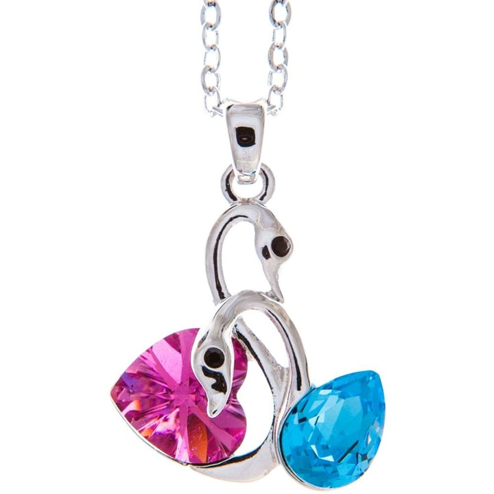 Rhodium Plated Necklace with Loving Swans Design with a 16" Extendable Chain and fine Rose and Ocean Blue Crystals by Image 2