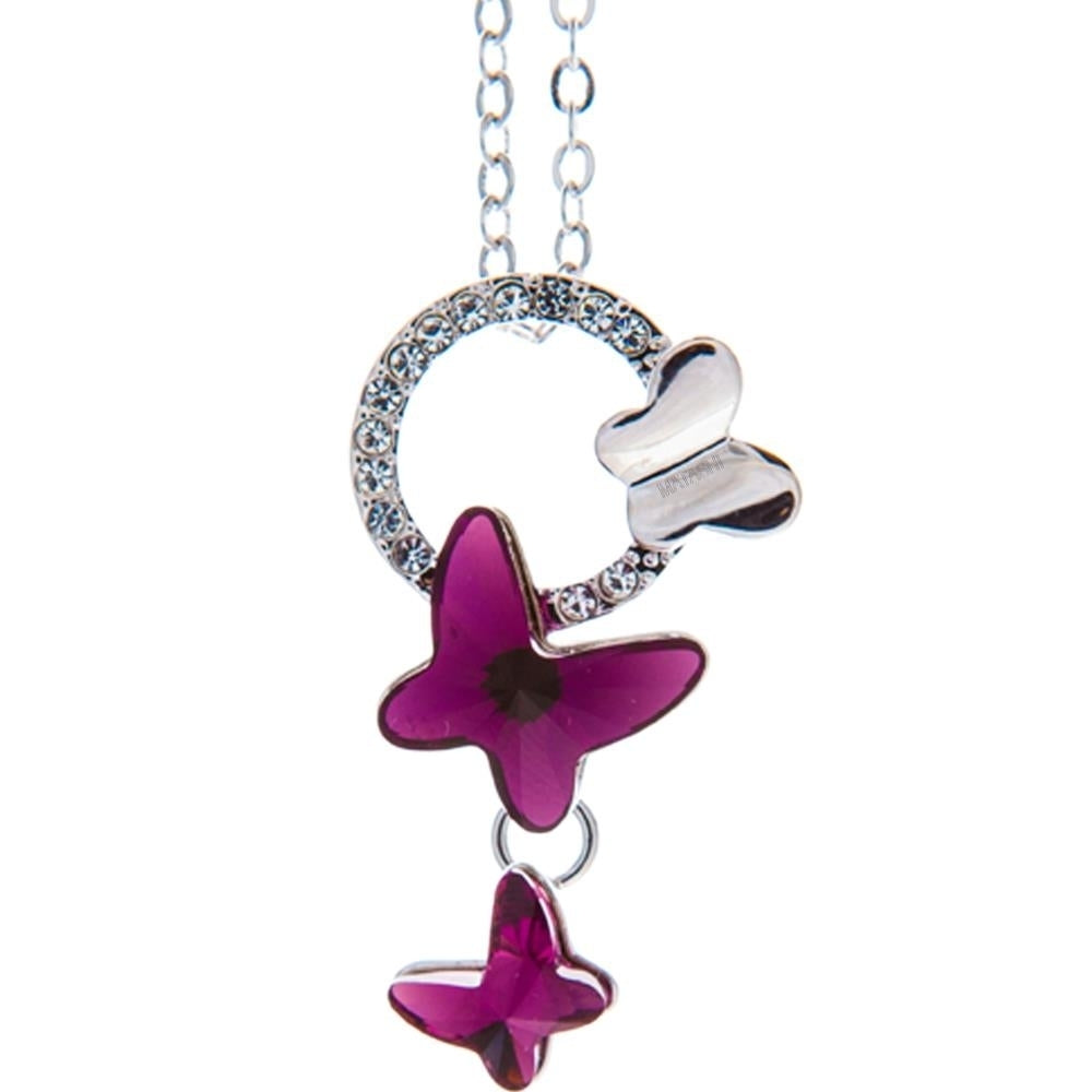 Rhodium Plated Necklace with Purple Fluttering Butterflies Design with a 16" Extendable Chain and fine Crystals by Image 1