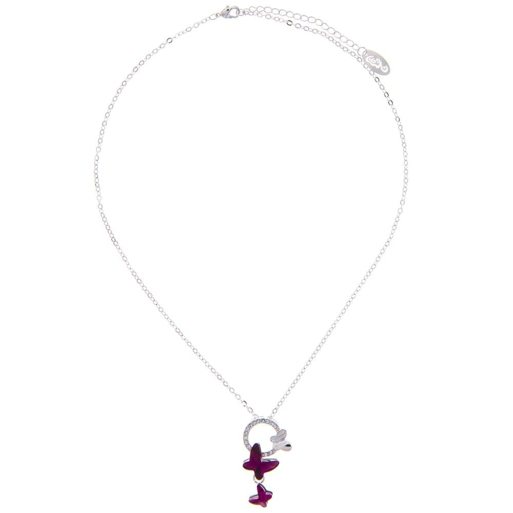 Rhodium Plated Necklace with Purple Fluttering Butterflies Design with a 16" Extendable Chain and fine Crystals by Image 2