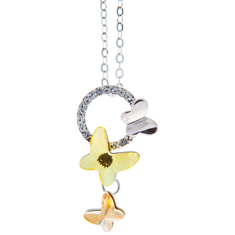 Rhodium Plated Necklace with Yellow Fluttering Butterflies Design with a 16" Extendable Chain and fine Crystals by Image 2
