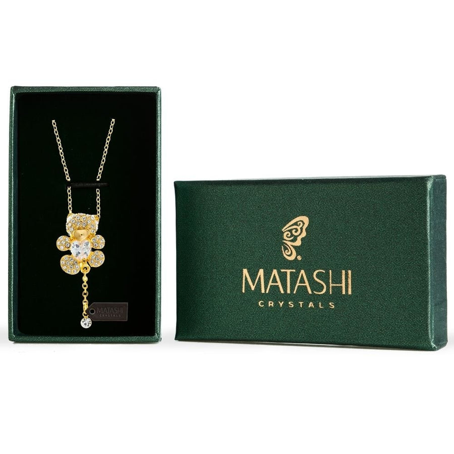 Champagne Gold Plated Necklace with Teddy Bear Design with a 16" Extendable Chain and fine Clear Crystals by Matashi Image 1