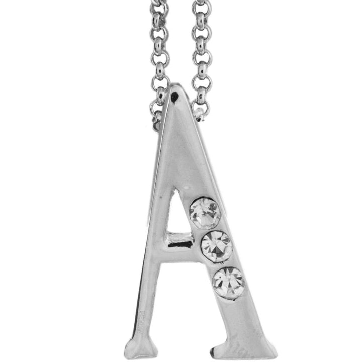 Rhodium Plated Necklace with Personalized Letter "A" Initial Design with a 16" Extendable Chain and fine Clear Crystals Image 1