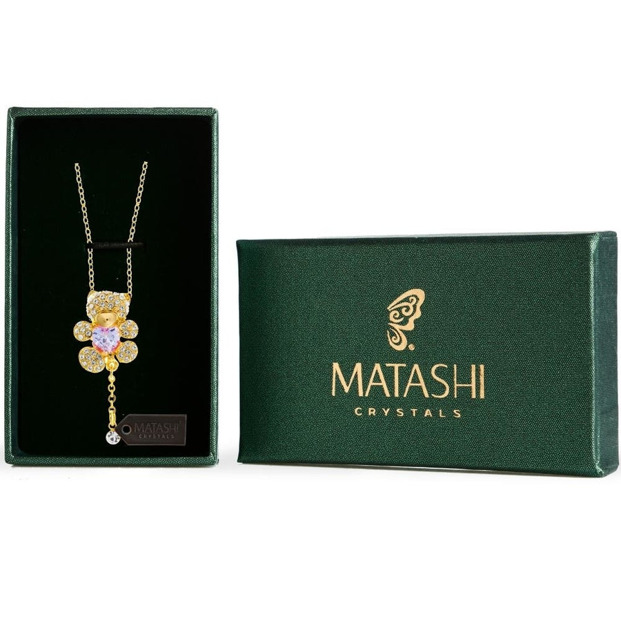 Champagne Gold Plated Necklace with Teddy Bear Design with a 16" Extendable Chain and fine Purple Crystals by Matashi Image 1