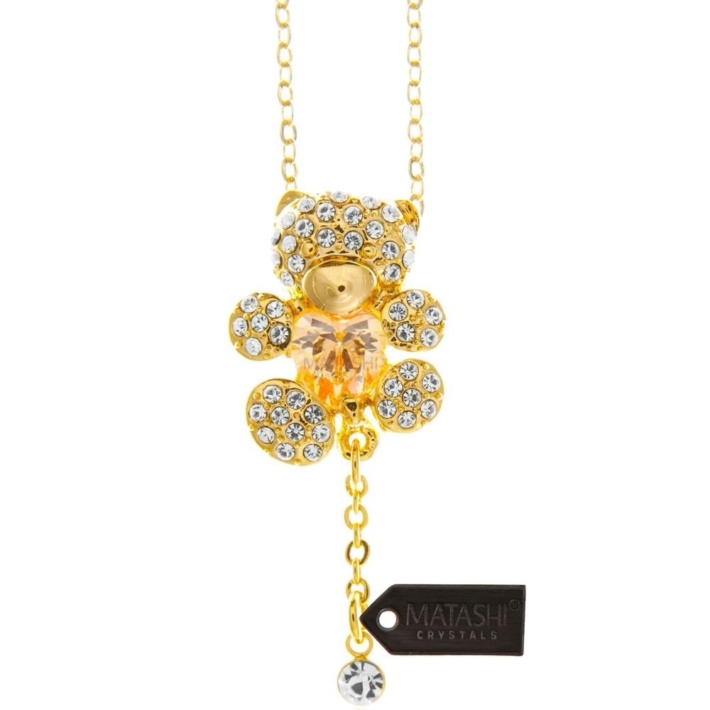 Champagne Gold Plated Necklace with Teddy Bear Design with a 16" Extendable Chain and fine Gold Tinted Crystals by Image 2