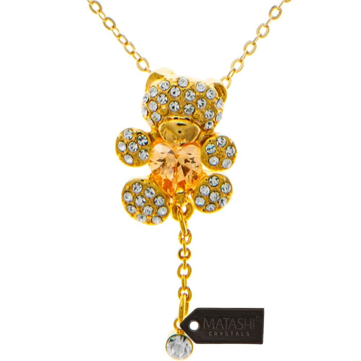 Champagne Gold Plated Necklace with Teddy Bear Design with a 16" Extendable Chain and fine Gold Tinted Crystals by Image 3
