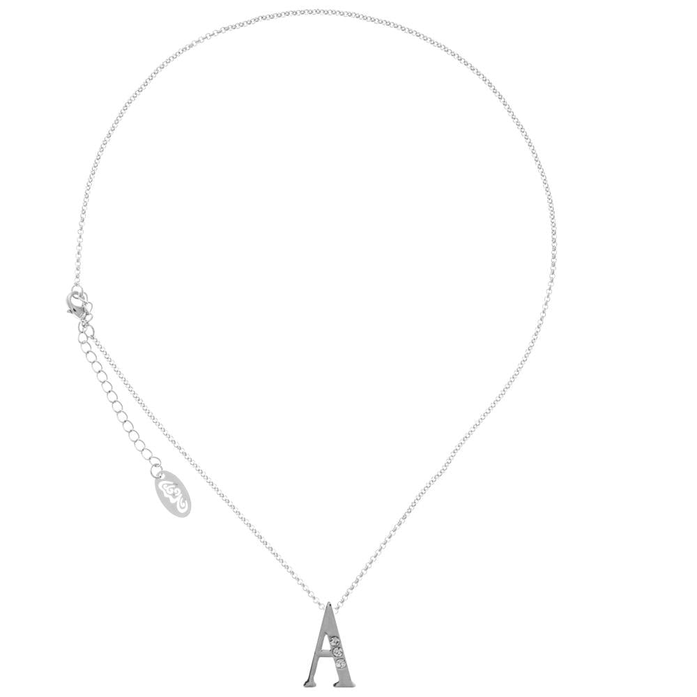 Rhodium Plated Necklace with Personalized Letter "A" Initial Design with a 16" Extendable Chain and fine Clear Crystals Image 2