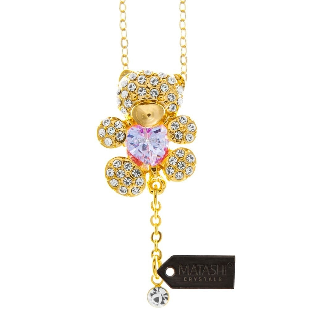 Champagne Gold Plated Necklace with Teddy Bear Design with a 16" Extendable Chain and fine Purple Crystals by Matashi Image 2