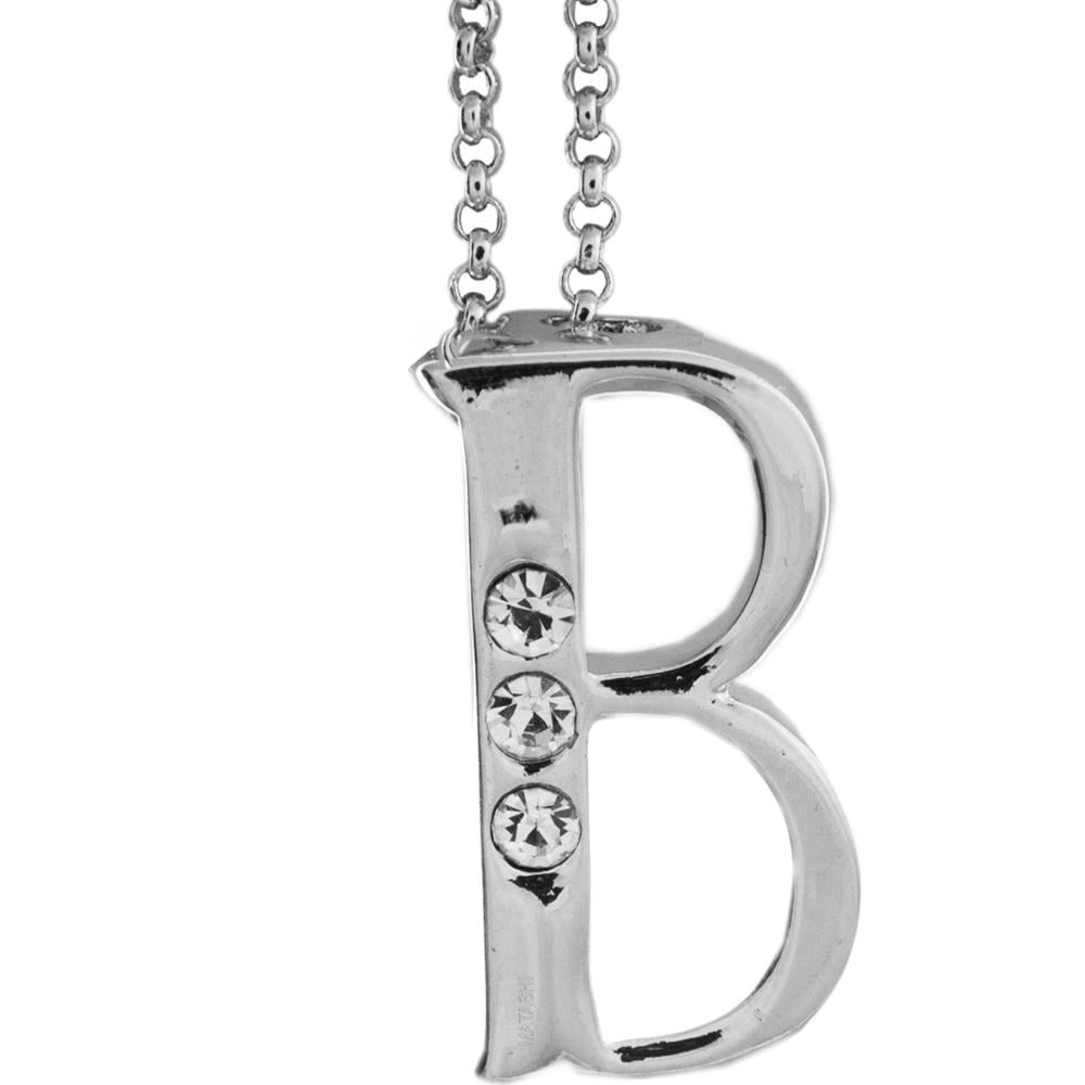 Rhodium Plated Necklace with Personalized Letter "B" Initial Design with a 16" Extendable Chain and fine Clear Crystals Image 1