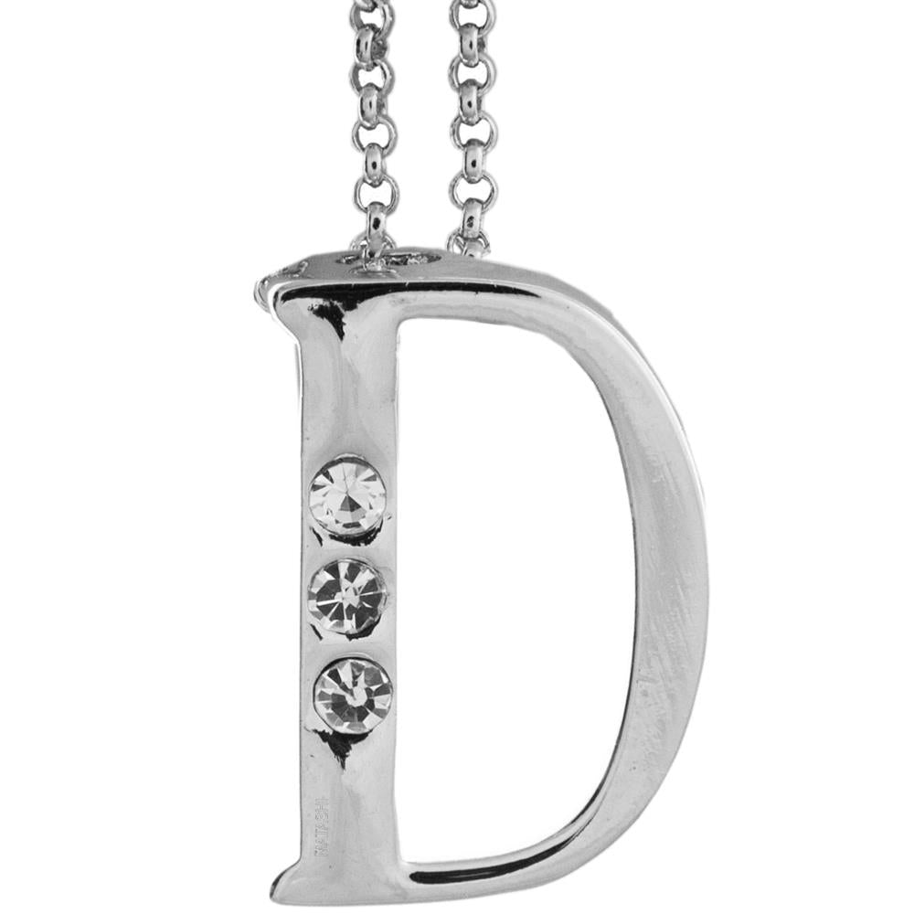 Rhodium Plated Necklace with Personalized Letter "D" Initial Design with with a 16" Extendable Chain and fine Clear Image 1