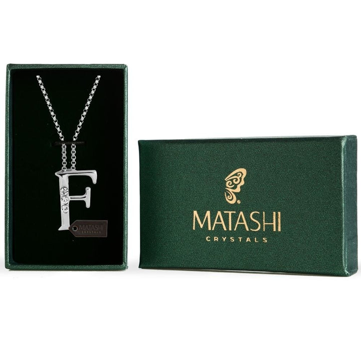 Rhodium Plated Necklace with Personalized Letter "F" Initial Design with a 16" Extendable Chain and fine Clear Crystals Image 1