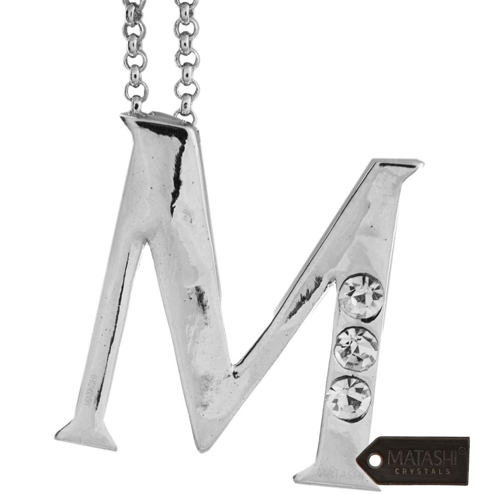 Rhodium Plated Necklace with Personalized Letter "M" Initial Design with a 16" Extendable Chain and fine Clear Crystals Image 2