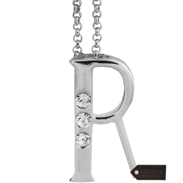 Rhodium Plated Necklace with Personalized Letter "R" Initial Design with a 16" Extendable Chain and fine Clear Crystals Image 2