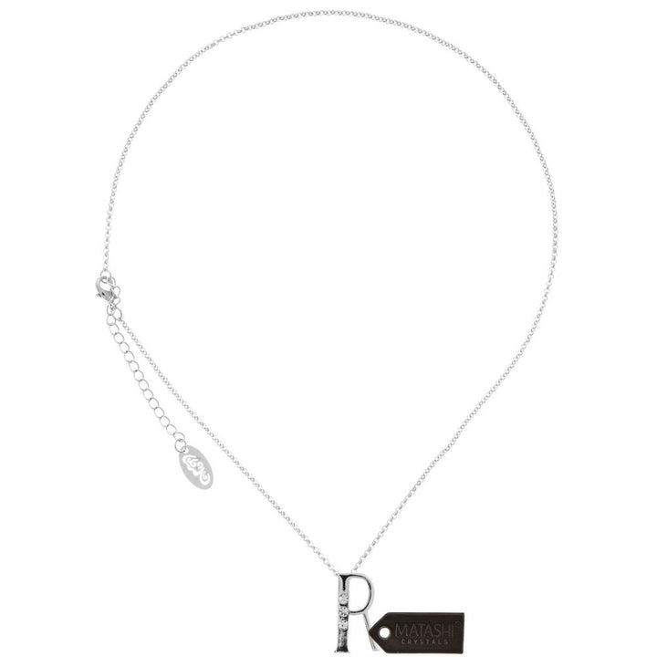 Rhodium Plated Necklace with Personalized Letter "R" Initial Design with a 16" Extendable Chain and fine Clear Crystals Image 3