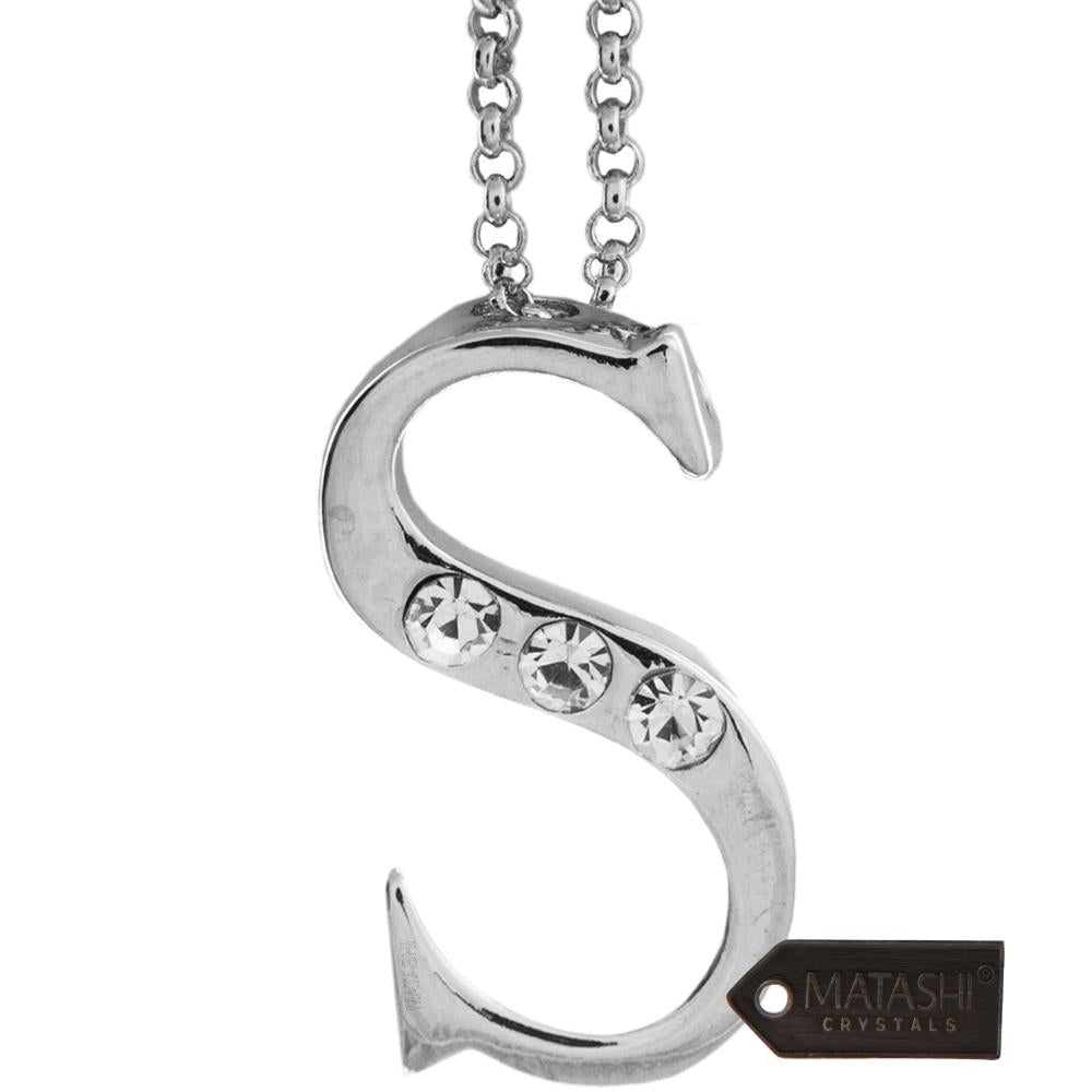 Rhodium Plated Necklace with Personalized Letter "S" Initial Design with a 16" Extendable Chain and fine Crystals by Image 2