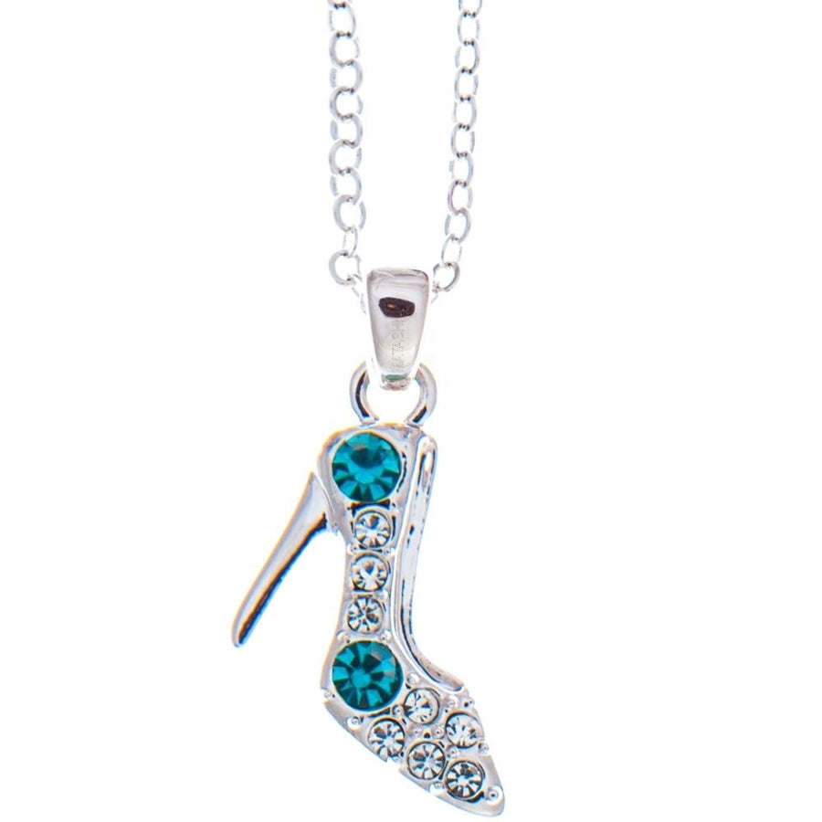 Rhodium Plated Necklace with Stiletto Shoe Design with a 16" Extendable Chain and fine Blue and Clear Crystals by Image 1