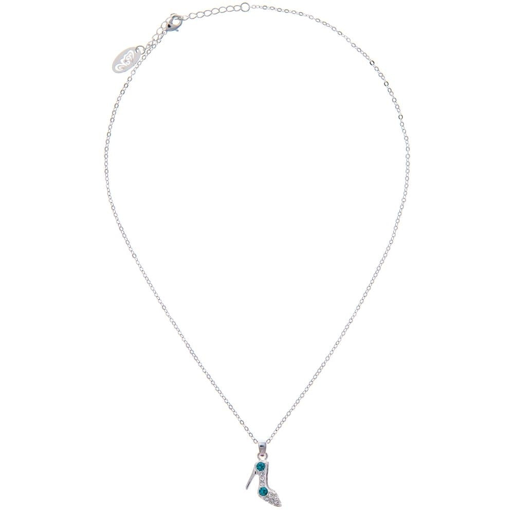 Rhodium Plated Necklace with Stiletto Shoe Design with a 16" Extendable Chain and fine Blue and Clear Crystals by Image 2